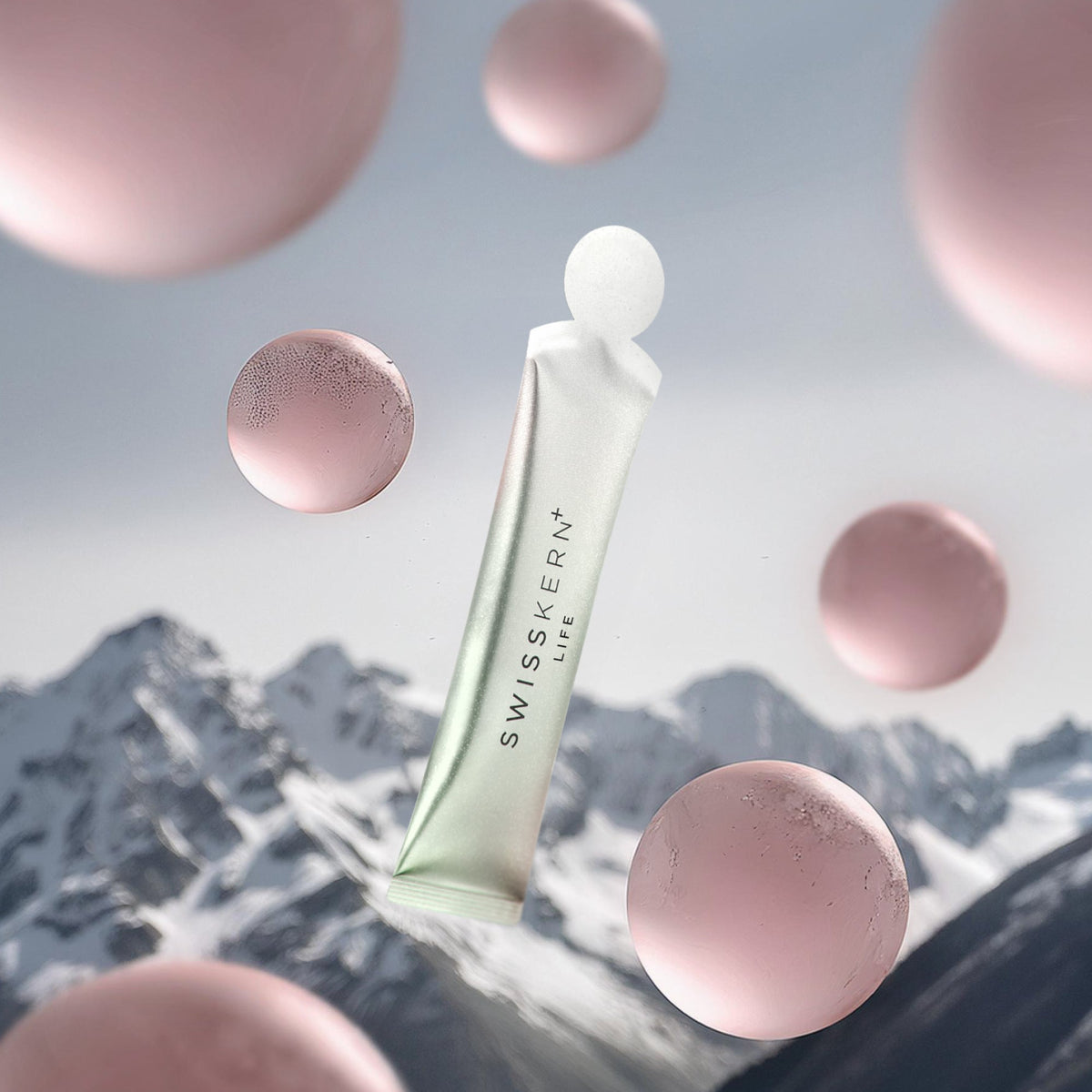 Swisskern K+01 Life sachet above an alpine landscape
